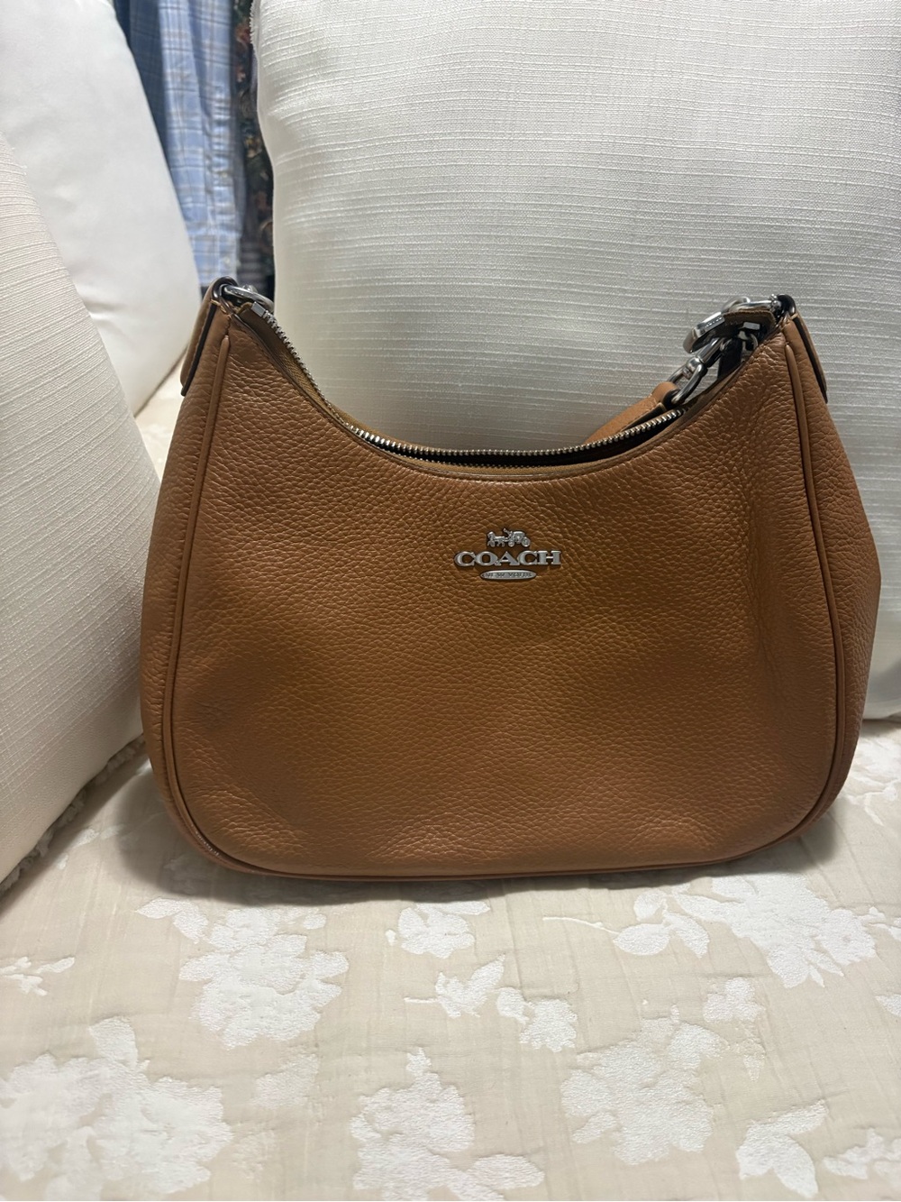 COACH Pebbled Leather Shoulder Hobo in Cognac